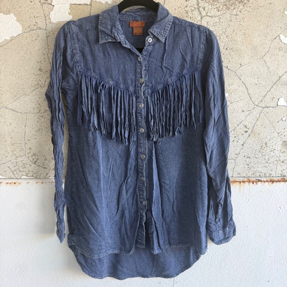 Scully Western Fringe Shirt Blue Mineral Wash Rayon Button Cowgirl Rodeo Boho S